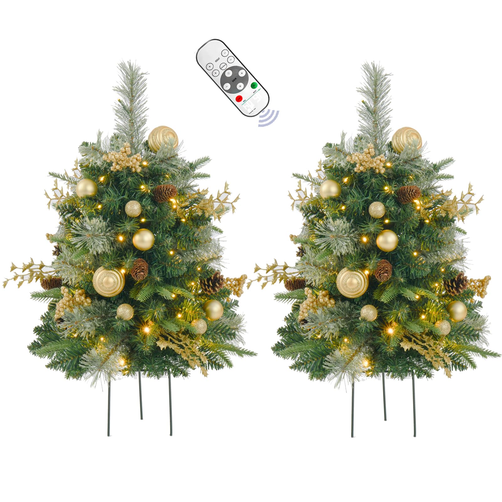 Photo 1 of 2 Pack Prelit Outdoor Christmas Tree 30 Inch, Remote Control Battery Operated with 100 Warm White Multi-Color Changing LED Lights, Small Pre-Decorated Green Xmas Tree for Pathway, Porch