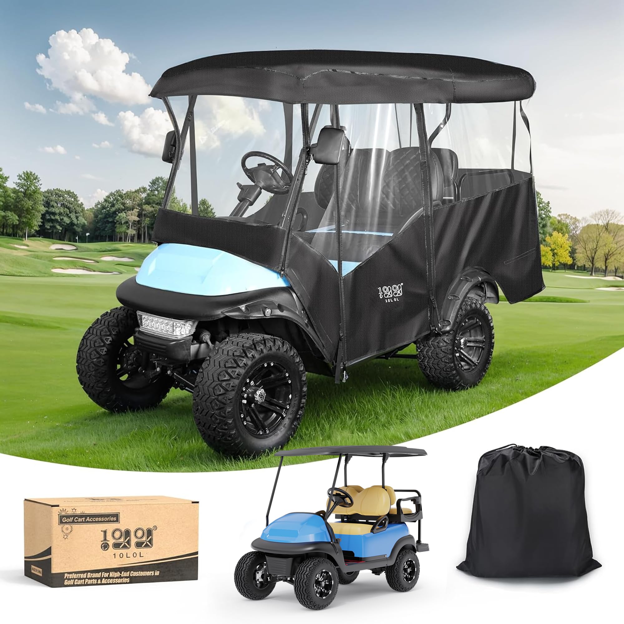 View 1 of 10L0L Universal Golf Cart Enclosure – Fits Yamaha, EZGO & Club Car (4-Passenger) – Waterproof 600D Polyester Cover – Windproof Design – 4-Side Clear Windows (Black)