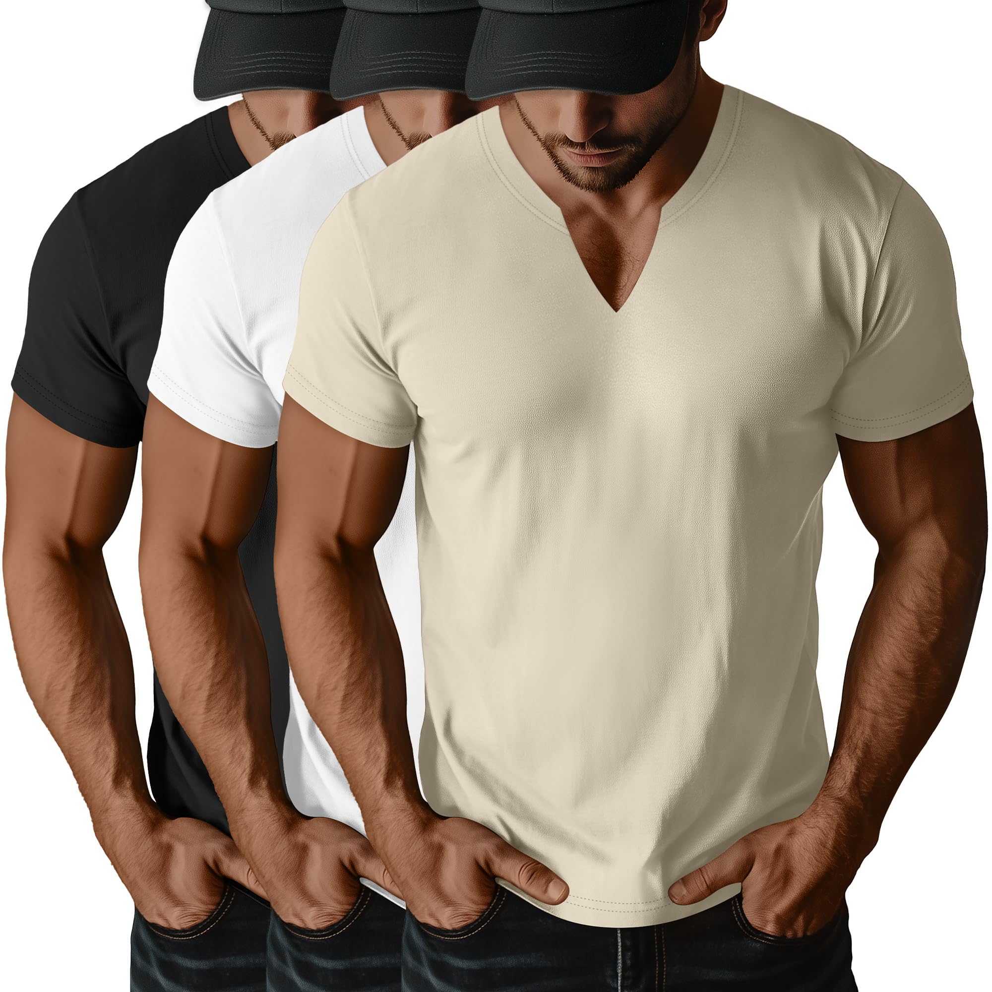 Photo 1 of Huukeay 3 Pack Men's Big and Tall Shirts, V Neck Short Sleeve Plus Size Tops Casual Basic Tees Workout Gym Athletic T Shirts(Black, White, Light Khaki,3X-Large)