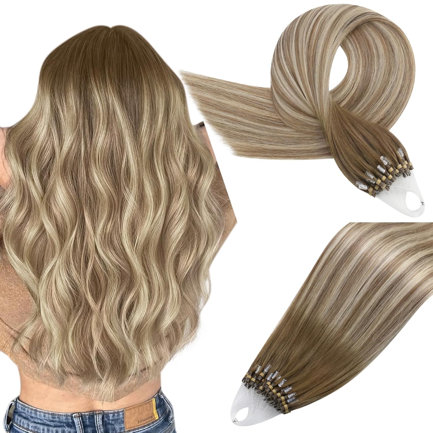 Easyouth Ombre Micro Ring Hair Extensions Ombre Real Hair Micro Link Human Hair Extensions Brown to Medium Blonde Balayage Micro Loop Hair Extensions Real Human Hair 18 Inch 50g/50s — image 1