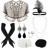 Gvhntk 11 Pieces 1920s Great Flapper Costume Accessories Set for Women Sequins Shawl Feather Headpiece Pearl Necklace