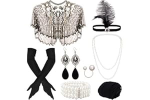 11 Pieces 1920s Flapper Accessories Set for Women Sequins Shawl Feather Headpiece Pearl costume-accessory-sets