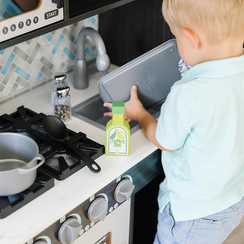 Cuisine-Jouet de Petit Chef en Bois pour Enfants - Gris Anthracite - Distributeur Inclus - Jeu de Cuisine pour Tout-Petits de 3 Ans et Plus
