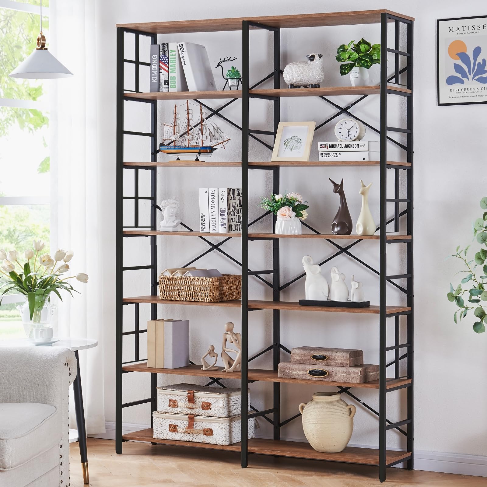 HOMISSUE Bookshelf, Industrial Double Wide 7-Tier