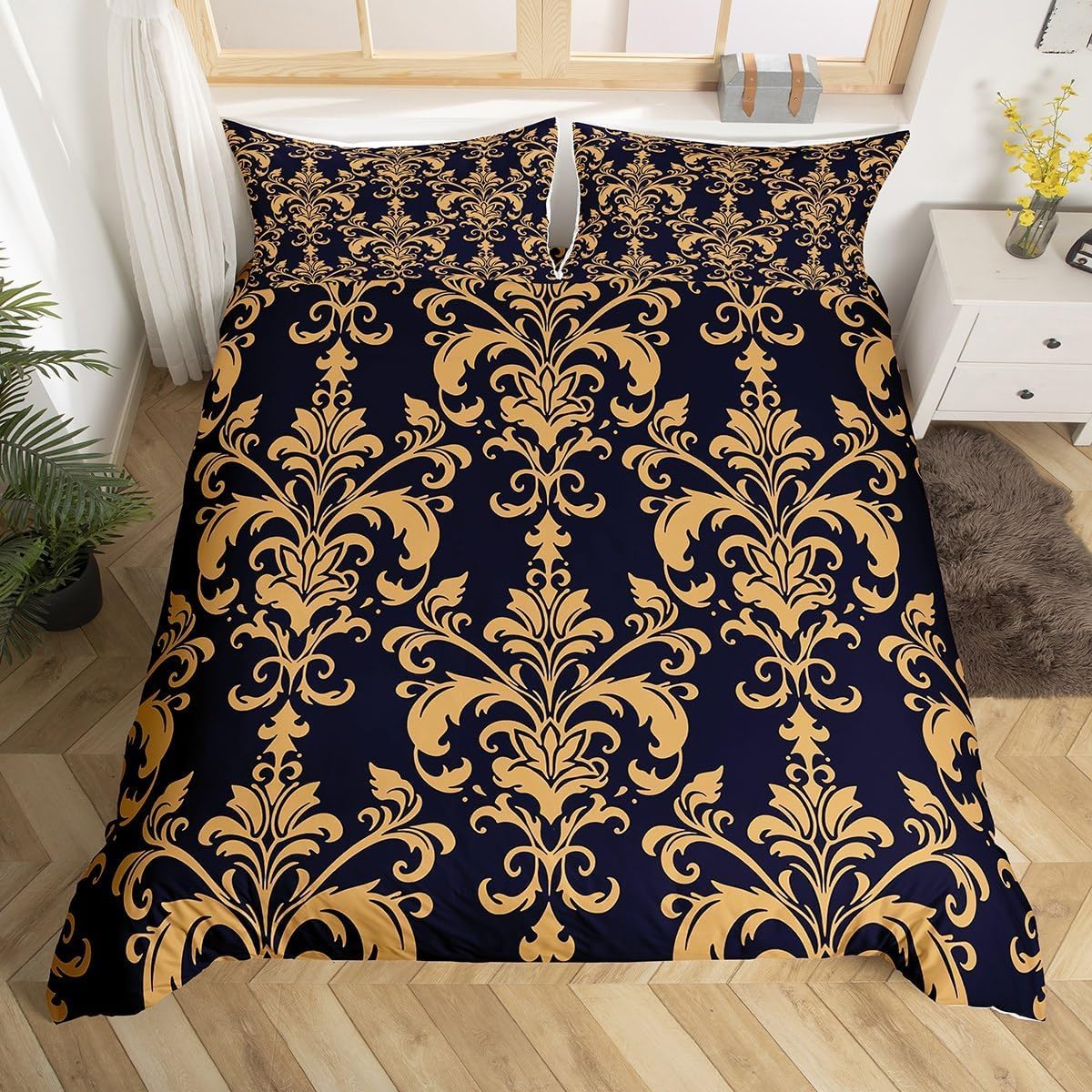 Homewish Elegant Damask Bedding Sets Single Size, Antique Baroque Flowers Duvet Cover Sets for Kids Adults, Gold And Black Floral Comforter Cover Rich Royal European Bedding & Linen 2 Pieces