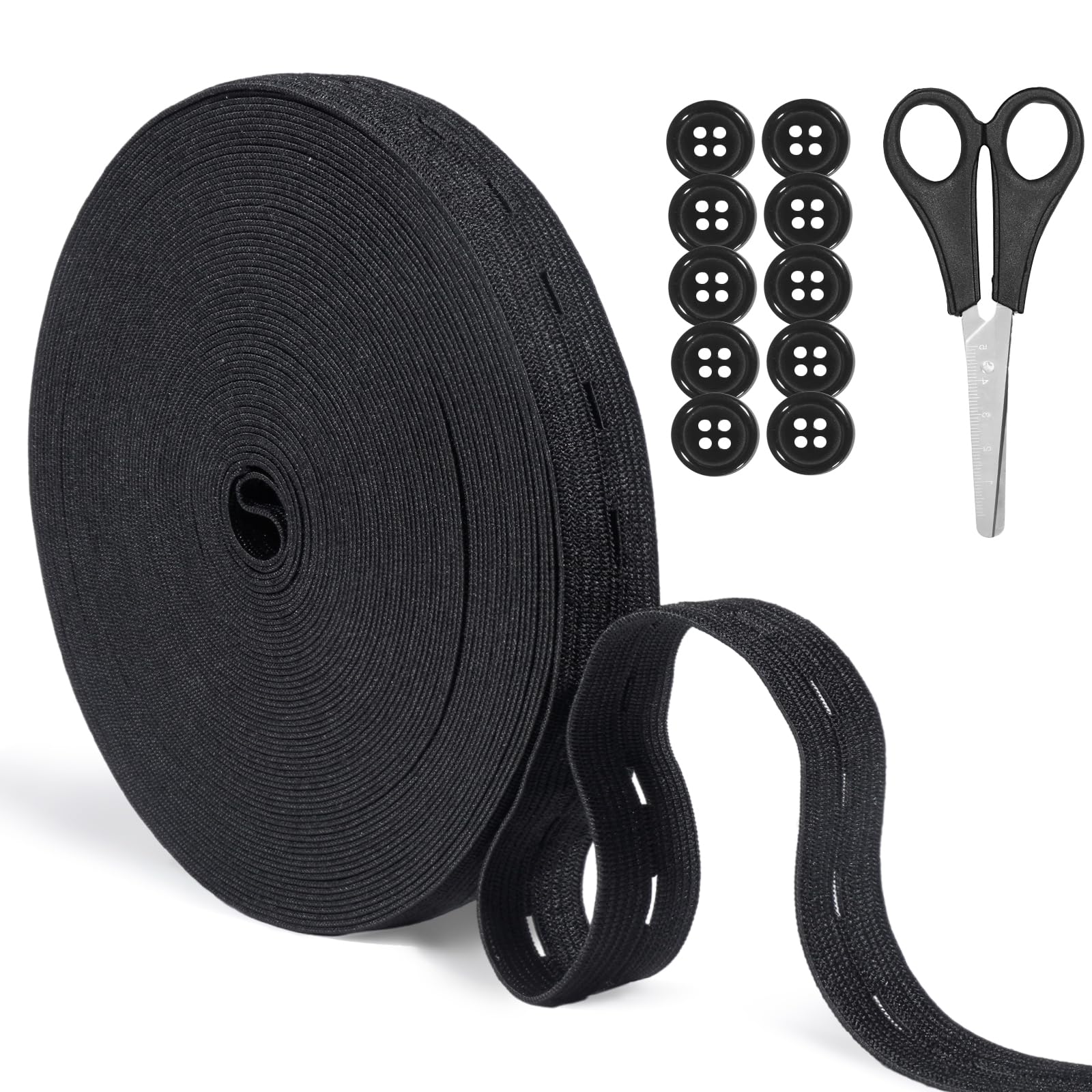 Nadisean 16M Elastic with Button Holes, Elastic for Sewing 20mm Wide with Buttonhole, Black Elastic Bands with Buttonhole with Scissor and 12 Buttons, Elastic Bands for Sewing, Knitting, Crafting