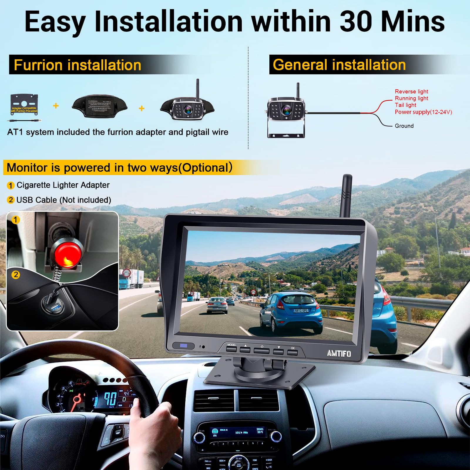 Wireless Backup Camera for RV, 7 Inch Dual Camera System with Front Cam, 1080P HD, 360° Rotation, 32GB TF Card - Compatible with Furrion Pre-Wired RV Camera for Trailers, Trucks & Campers