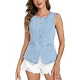 Ladyful Womens Denim Vest Top Button Down Jean Vest Tank Tops Sleeveless Crewneck Jean Waistcoat with Pockets
