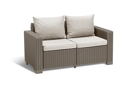 Allibert By Keter California 2 Seater Rattan Sofa Outdoor Garden Furniture Cappuccino With Sand Cushions
