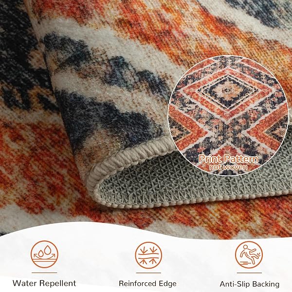 AREA RUG 6X9 RUG MACHINE WASHABLE NON-SLIP LOW PILE PRINT PATTERN WESTERN RUG FALL RUG FOR LIVING ROOM BEDROOM ENTRYWAY TRIBAL SERIES -ORANGE/BROWN