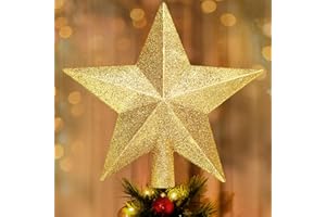 SRISE Glitter Christmas Star Tree Topper for Holiday Decorations, Christmas Tree Decoration for Holiday Ornament and Home Decor, Shatterproof Tree Toppers for Party Indoor ＆ Outdoor-Gold 8 inch