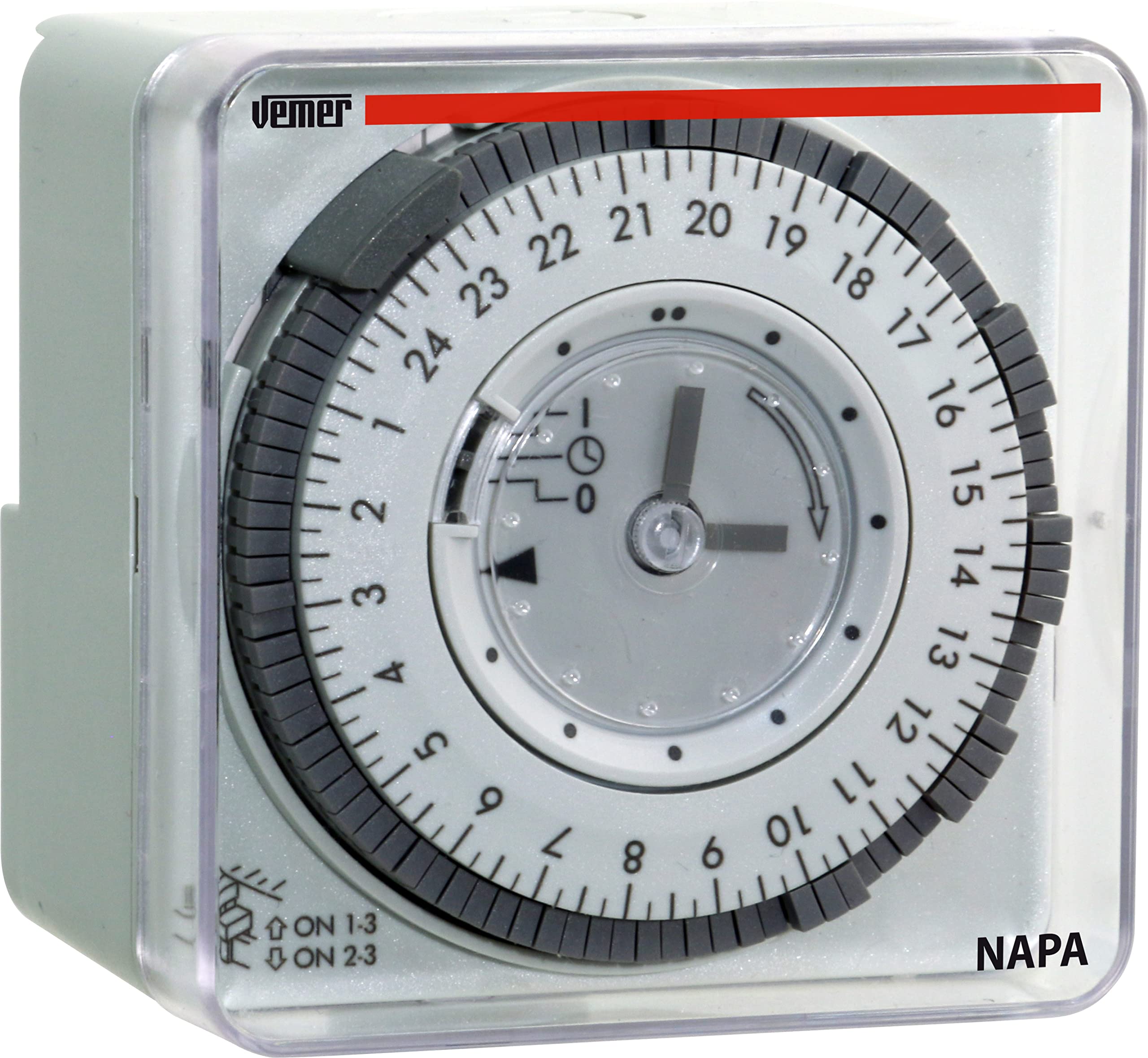 VEMER VP884100 model NAPA-D Electromechanical time switch with daily programming. Wall, DIN rail or panel mounting