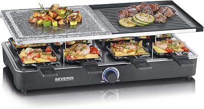 Raclette severin com pedra natural e placa para grelhar, grelha com grelha antiaderente e 8 panelas, grelha elétrica para 8 pessoas, máx. 1400 w, preto, rg 2371