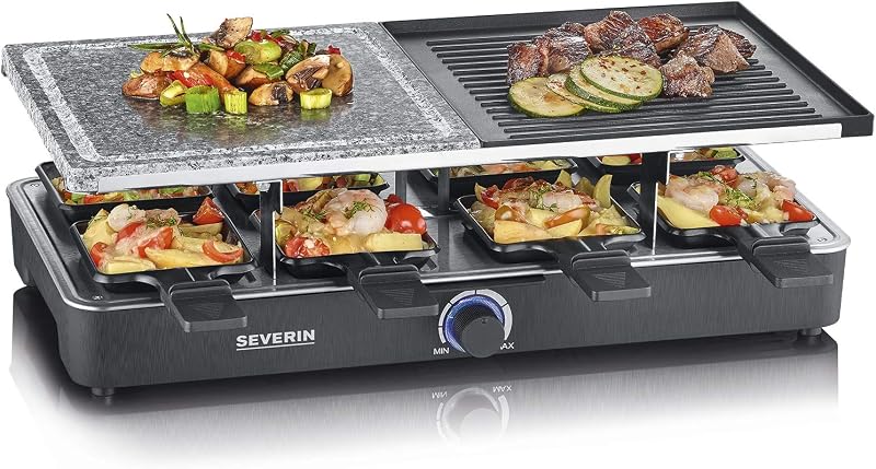 Raclette severin com pedra natural e placa para grelhar, grelha com grelha antiaderente e 8 panelas, grelha elétrica para 8 pessoas, máx. 1400 w, preto, rg 2371
