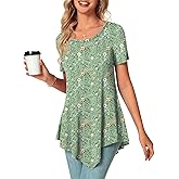 POPYOUNG Womens Short Sleeve Tunic Tops Summer Asymmetrical Hem CrewNeck Swing Shirts
