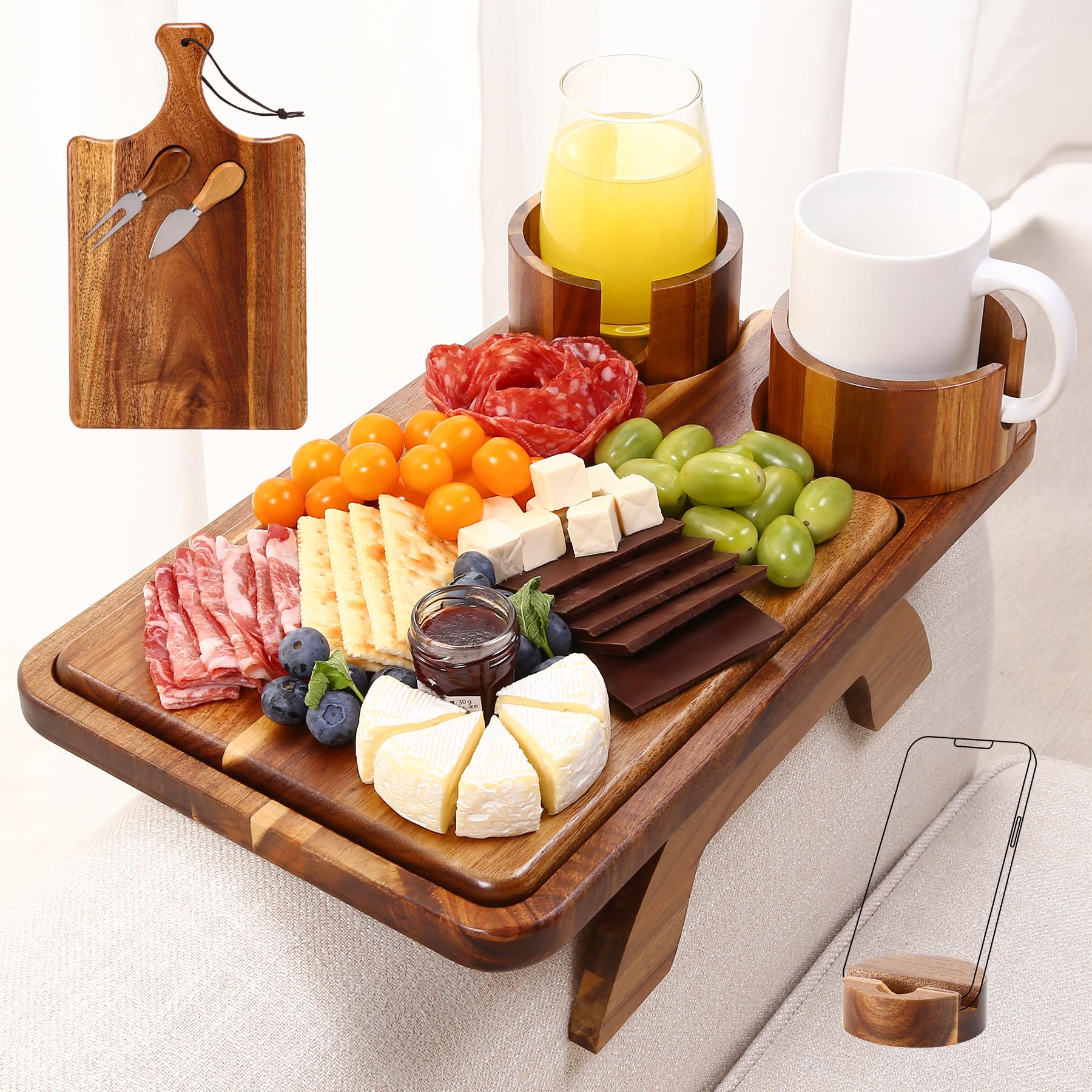 Photo 1 of Acanacle Couch Arm Table 4-in-1 with Cheese Board, Rotating 2 Cup Holders & Phone Stand & Knife Fork Removable,15.7"x9.8"Acacia Sofa Armrest Tray Clip on Arm Rest for Drinks,Snacks & Remote Control