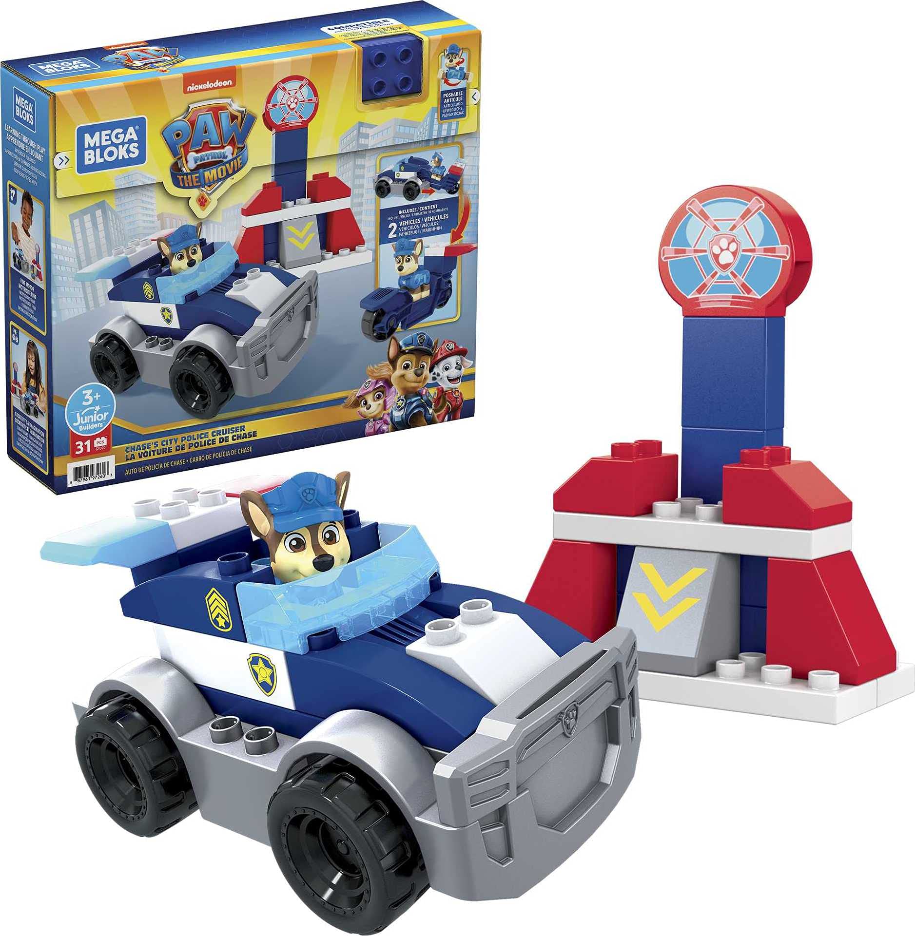 Mattel Mega Bloks PAW Patrol Chase's City Police Cruiser, 1 Poseable Chase Figure, 30 Mini Building Blocks, ​Building Toys for Toddlers, Ages 3+, GYJ00,