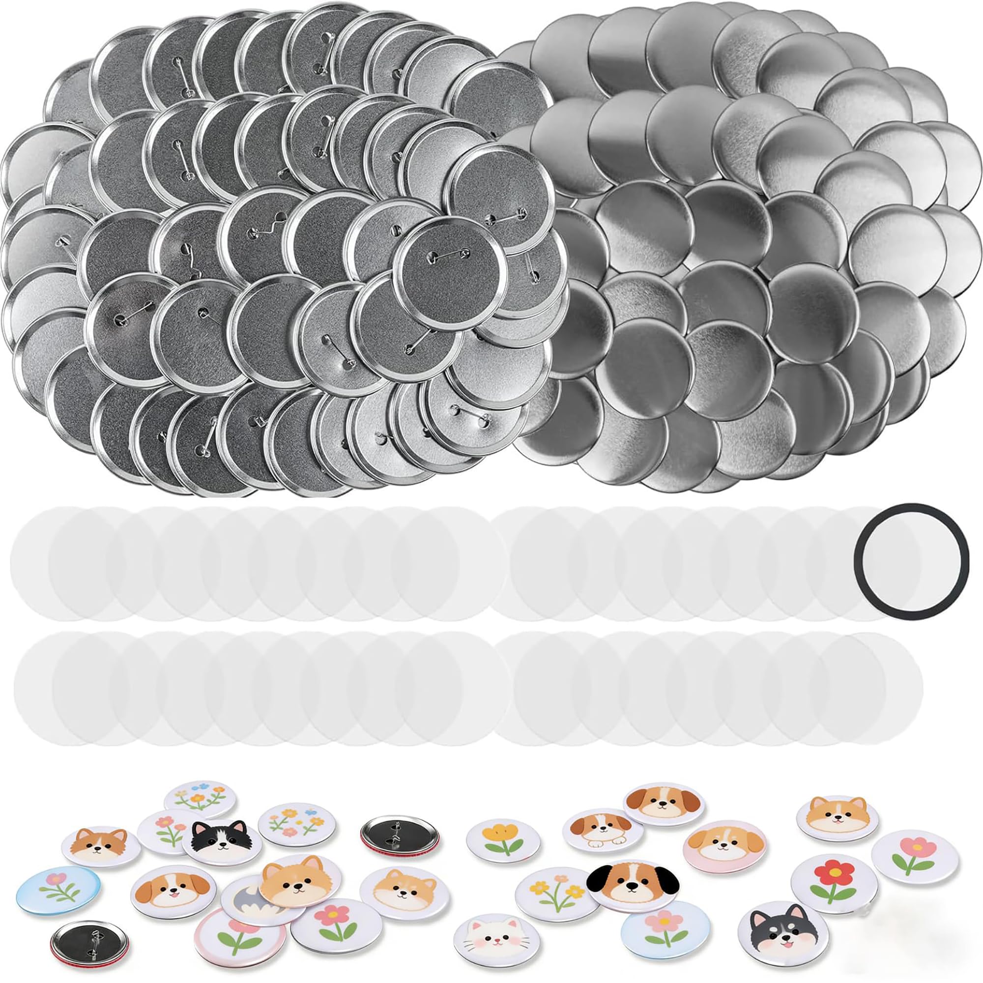 Badge Maker Supplies, 100 Sets 58mm/2.25 inch Pin Maker Buttons, Metal Badge Making kit with Metal Shell Cover, Transparent Film