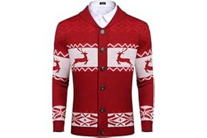 COOFANDY Men's Christmas Cardigans Ugly Xmas Sweaters Reindeer Snowflake Shawl Collar Knitted Cardigan Sweater