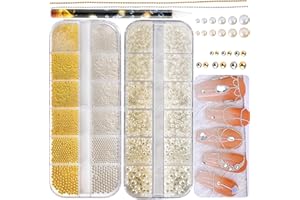 JINJINANV 4390pcs Gold Nail Charms Caviar Beads for Nails, 2 Box Silver & Gold Beads for Nails and Flatback Pearls for Nail Art Supplies, Chloe Golden Caviar Chain for Nail Decals Jewelry Accessories