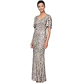 Alex Evenings Womens Long Mother of The Bride Sequin Dress with Cold Shoulder Flutter Sleeves (Petite and Regular Sizes)