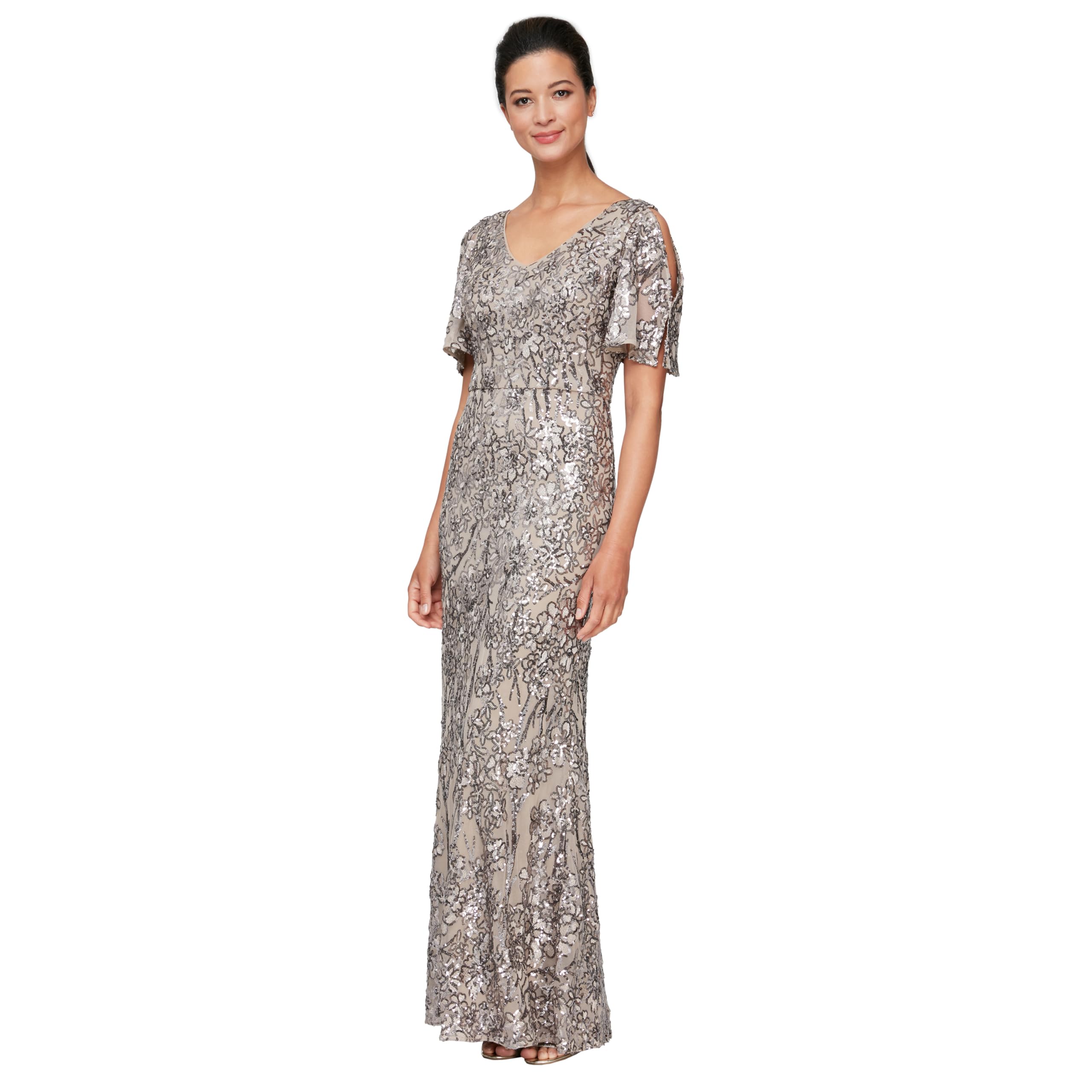 Photo 1 of Alex Evenings Women's Long Mother of The Bride Sequin Dress with Cold Shoulder Flutter Sleeves Regular Sizes, Mink, 16 Petite