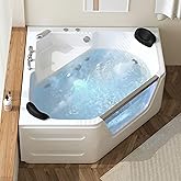 59 Inch Corner Jetted Tub - Luxury White Whirlpool Plastic Acrylic Bathtub with 7 Color Light Perfect for Couples' Relaxation