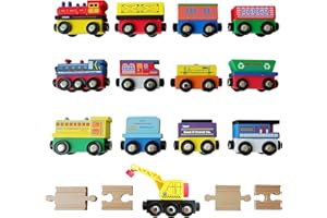TINY CONDUCTORS 12 Wooden Train Cars, 1 Bonus Crane, 4 Connectors, Locomotive Tank Engines and Wagons for Toy Train Tracks, Compatible with Thomas Wood Toy Railroad Set