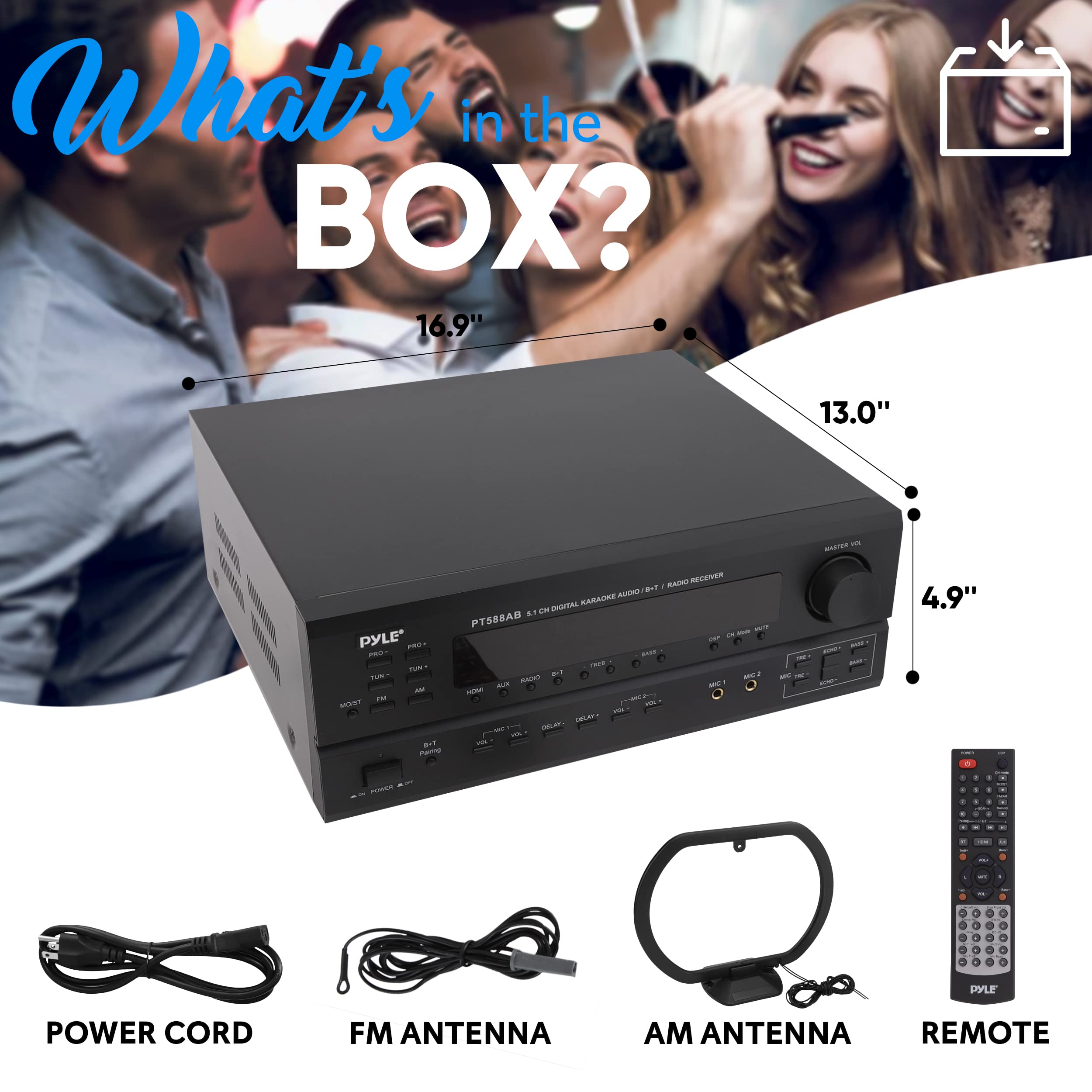 Pyle Wireless Bluetooth Power Amplifier System - 420W 5.1 Channel Home Theater Surround Sound Audio Stereo Receiver Box w/RCA, AUX, Mic w/Echo, Remote - for Subwoofer Speaker - Pyle PT588AB.6