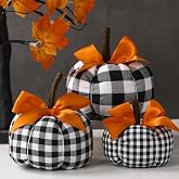 Beeveer 3 Pcs Fall Pumpkins Decor Black and White Farmhouse Decorative | Assorted Sizes, Buffalo Plaid, Thanksgiving Pumpkins with Orange Ribbon, for Mantel Table, Thanksgiving Halloween Autumn Home