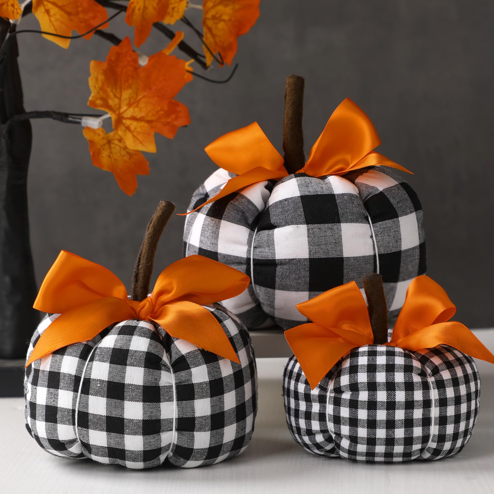 Photo 1 of Beeveer 3 Pcs Assorted Sizes Fall Pumpkins Decor with Orange Ribbon Thanksgiving Buffalo Plaid Black and White Decorative Pumpkins for Farmhouse Fall Halloween Thanksgiving Mantel Table Decor