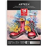 Arteza Watercolor Paper Pad, 9 x 12 Inches, 14 Sheets of Double-Sided Fine-Grained 100% Cotton Paper, 140-lb, Hot-Press, Art 