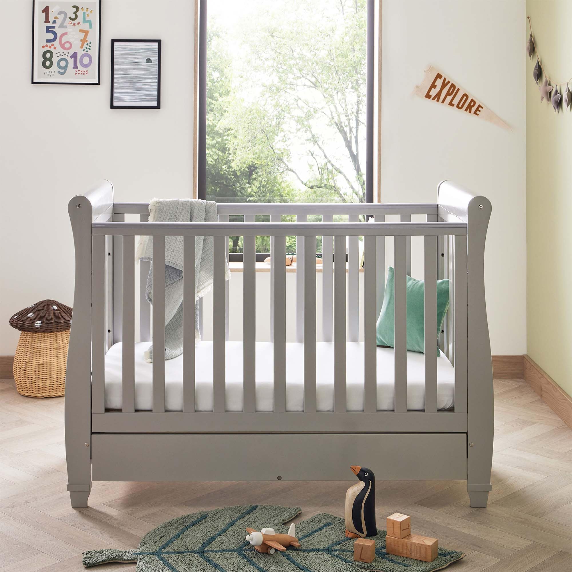 Babymore Eva Sleigh Baby Cot Bed Grey With Mattress Included - Cot Bed Drop Side with Drawer, Convertible Cot into Toddler Bed & Day Bed | Baby Teething Rail Feature & 3 Adjustable Bed Base Positions