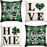 AVOIN colorlife ST Patricks Day Buffalo Plaid Love Home Clover Throw Pillow Covers, 18 x 18 Inch Lucky Charm Shamrocks Decoration for Sofa Couch Set of 4