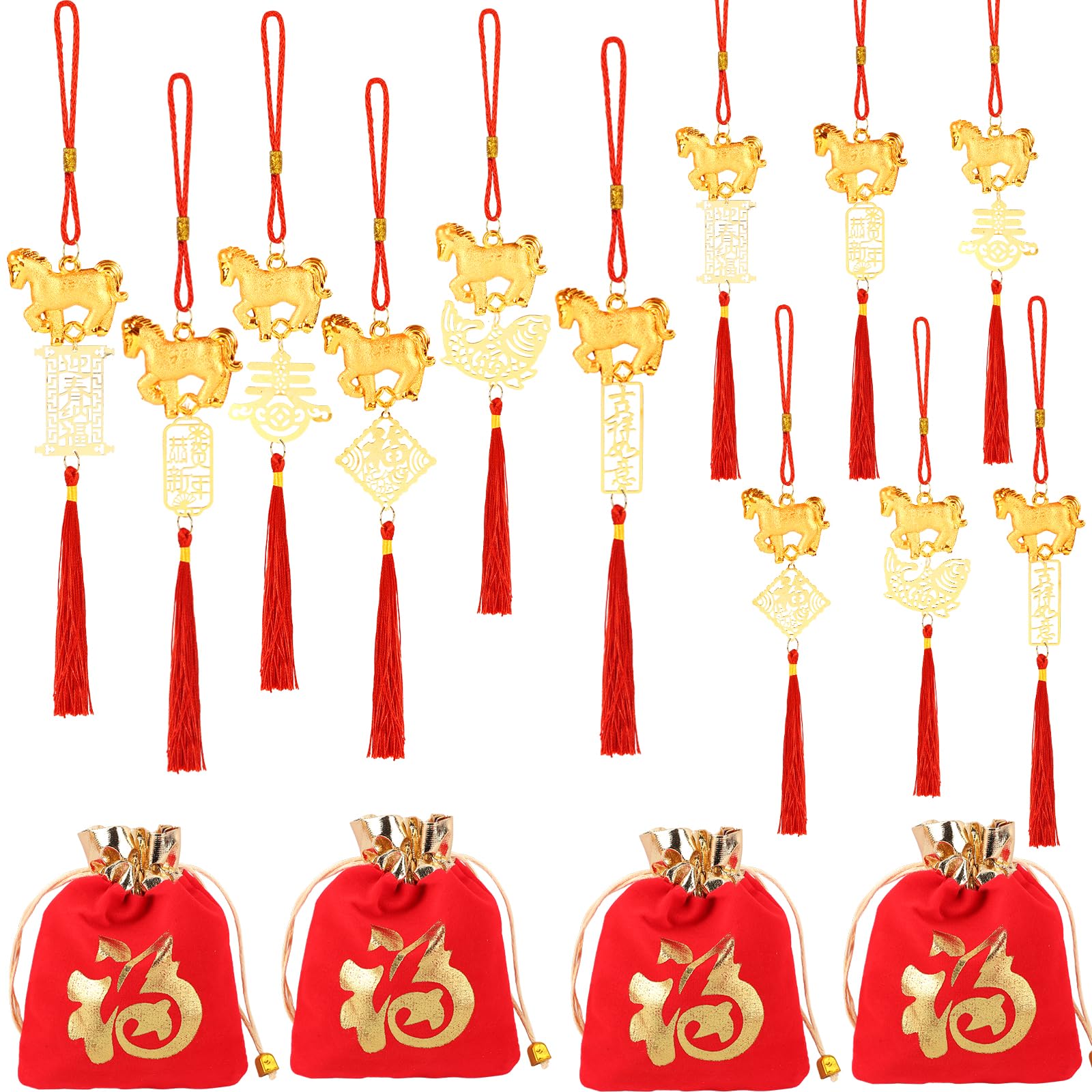 View 1 of 12 Pcs Chinese New Year Horse Bulk Decorations Lunar New Year 2026 Red Tassel Ornaments with Wealth Success Good Luck Hanging Decorations for Gifts Home Decor