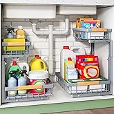 Kitstorack Under Sink Organizer, 2 Tier Under the Sink Storage, Slide out Pull out Cabinet Organizer Shelf, Metal Sliding Drawer for Kitchen Bathroom Pantry Closet Organization Rack, Grey, 2 Pack