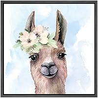 SIGNWIN Framed Canvas Wall Art Nursery Baby Llama with Pink, Yellow, White Flowers Animals Wildlife Watercolor Impressionism Modern Portrait Fun for Living Room, Bedroom, Office - 16