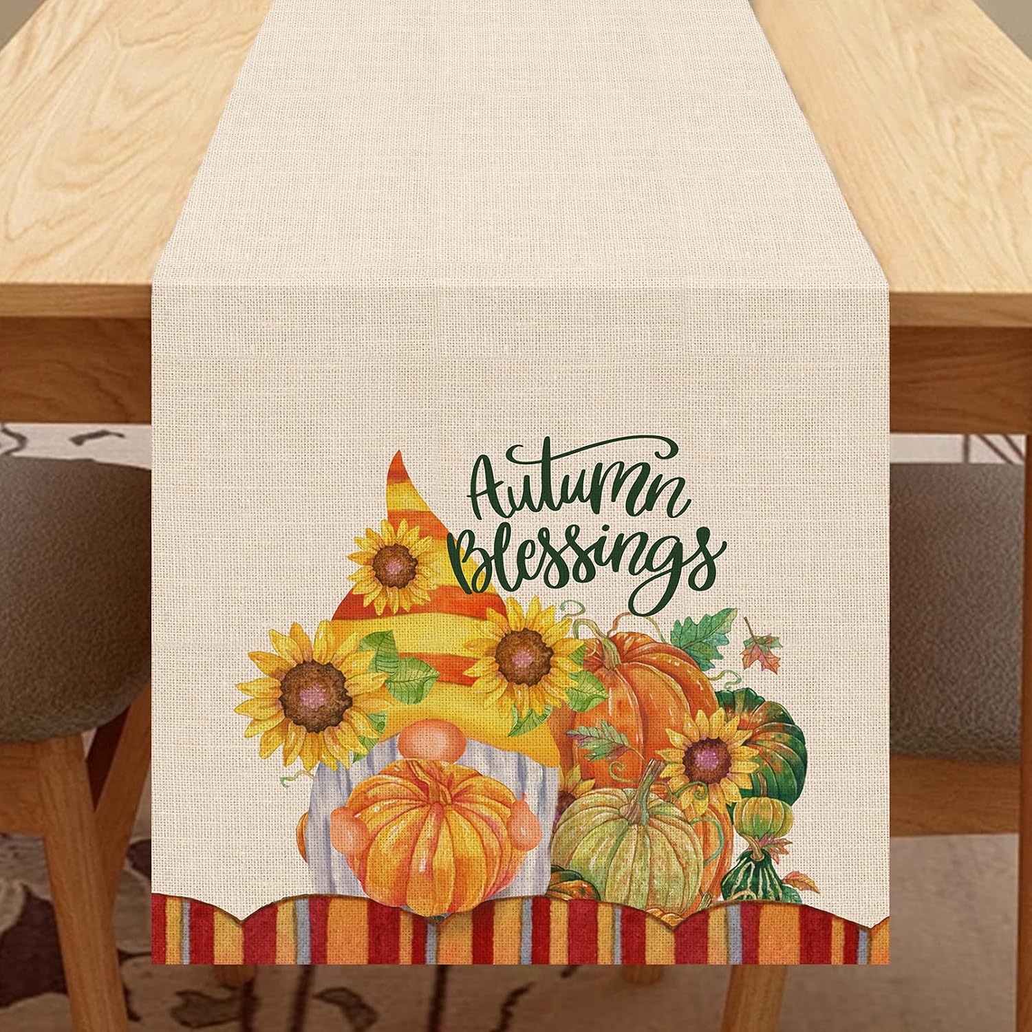 Seliem Autumn Blessings Pumpkin Patch Table Runner, Fall Gnome Table Scarf Home Kitchen Red Orange Sunflower Decor Sign, Seasonal Farmhouse Rustic Burlap Outdoor Dining Decoration Party Supply 13X72