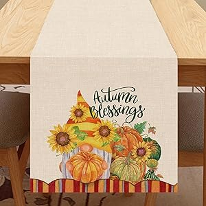 Seliem Autumn Blessings Pumpkin Patch Table Runner, Fall Gnome Table Scarf Home Kitchen Red Orange Sunflower Decor Sign, Seasonal Farmhouse Rustic Burlap Outdoor Dining Decoration Party Supply 13X72