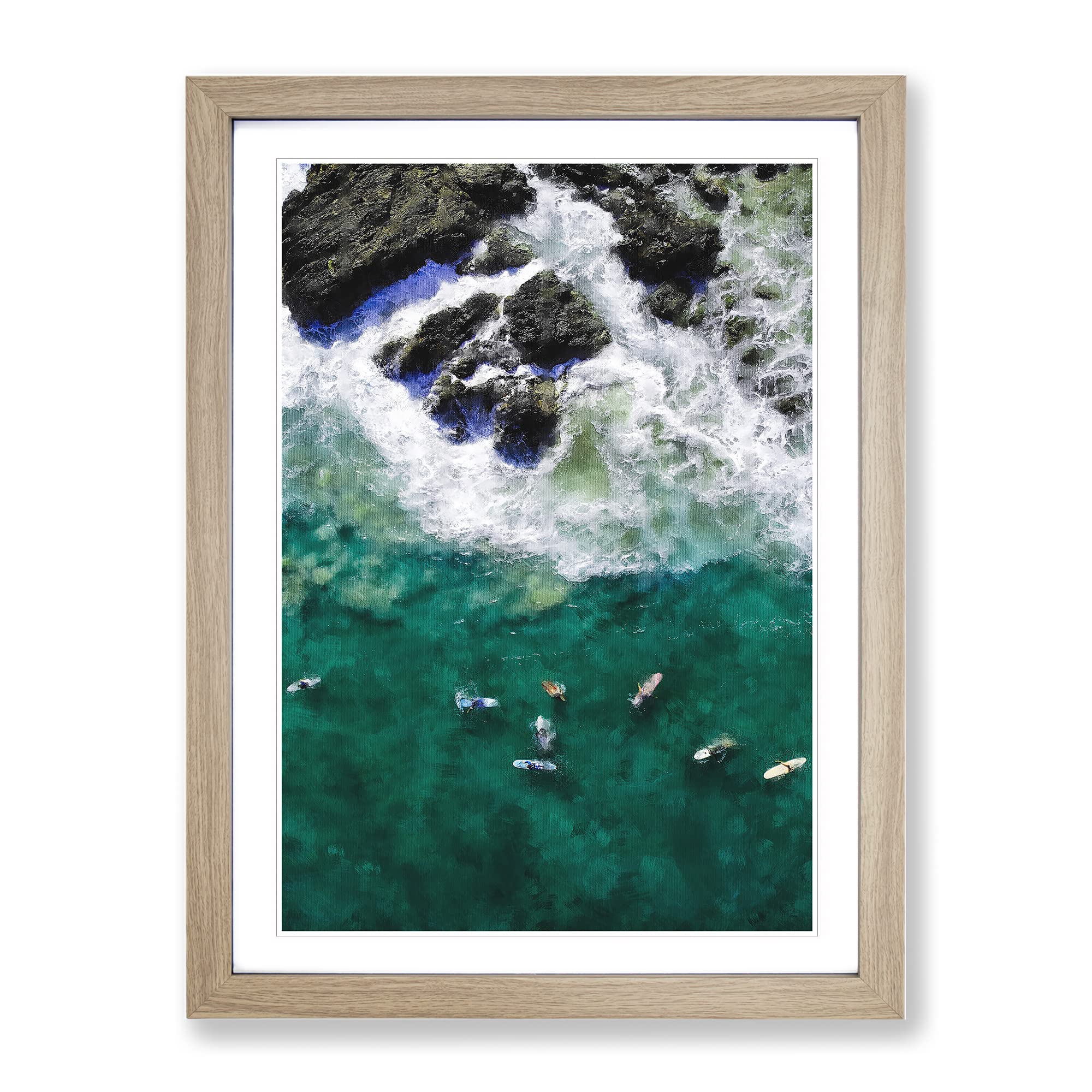 Surfers At Byron Bay In Australia Painting Modern Framed Wall Art Print, Ready to Hang Picture for Living Room Bedroom Home Office Décor, Oak A4 (34 x 25 cm)