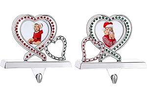 Klikel Stocking Holder Set of 2 - Heart Picture Frame Christmas Stocking Hanger for Mantel - Double Heart Picture Frame Christmas Stocking Holder for Fireplace Mantle - Stocking Holder with Stones