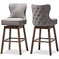 Baxton Studio Gradisca Modern and Contemporary Brown Wood Finishing and Grey Fabric Button-Tufted Upholstered Swivel Barstool