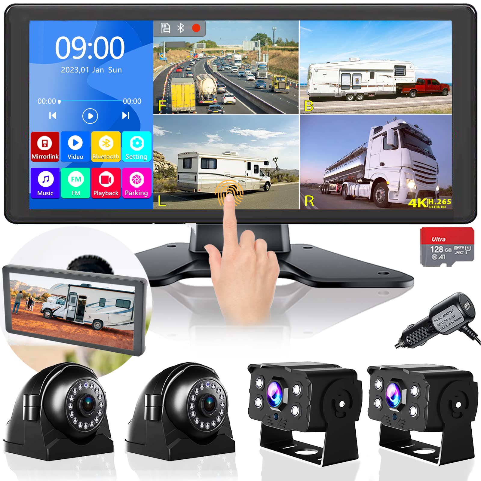 Photo 1 of 4K RV Backup Camera System 10.36" Quad Split Touch Screen Monitor with 4 1080P Rear Side View Camera, DVR Recording Bluetooth MP3 MP5 IP69 Waterproof Night Vision for RV Truck Trailer Tractor
