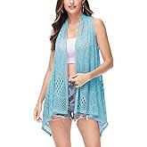 Anna-Kaci Womens Sleeveless Open Front Crochet Shawl Cardigan Bikini Cover Up