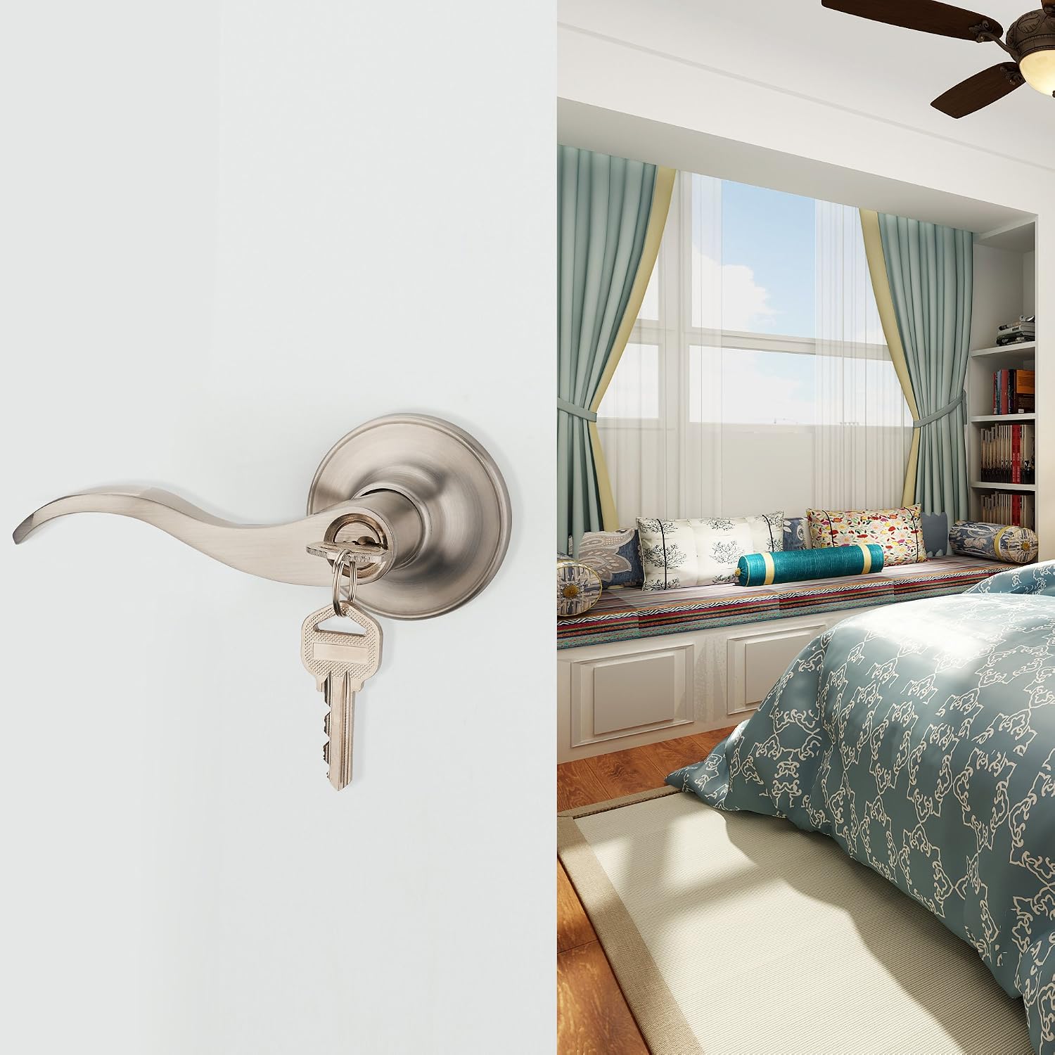 HAIFUAN Wave Style Lever Handle Entry Front Door Knob Leverset Lockset, Satin Nickel Finish(805-K-L), Satin Nickel,rose - Image 4