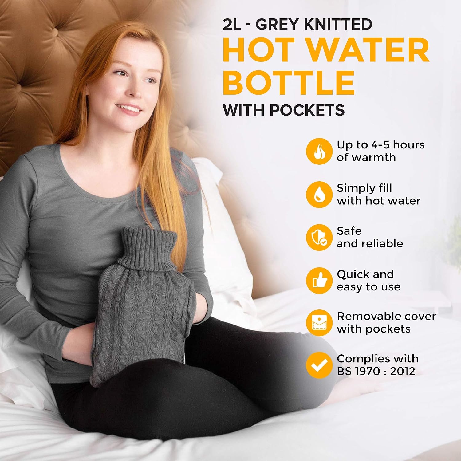 LIVIVO 2L Hot Water Bottle with Knit Cover & Hand Pockets - Image 3