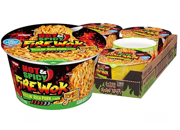 NISSIN HOT & SPICY FIRE WOK, SIZZLIN’ RICH...