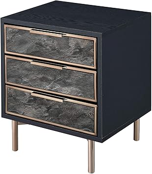 Amazon Com Benjara 3 Drawer Faux Marble Front Nightstand With Metal Legs Black And Gold Furniture Decor