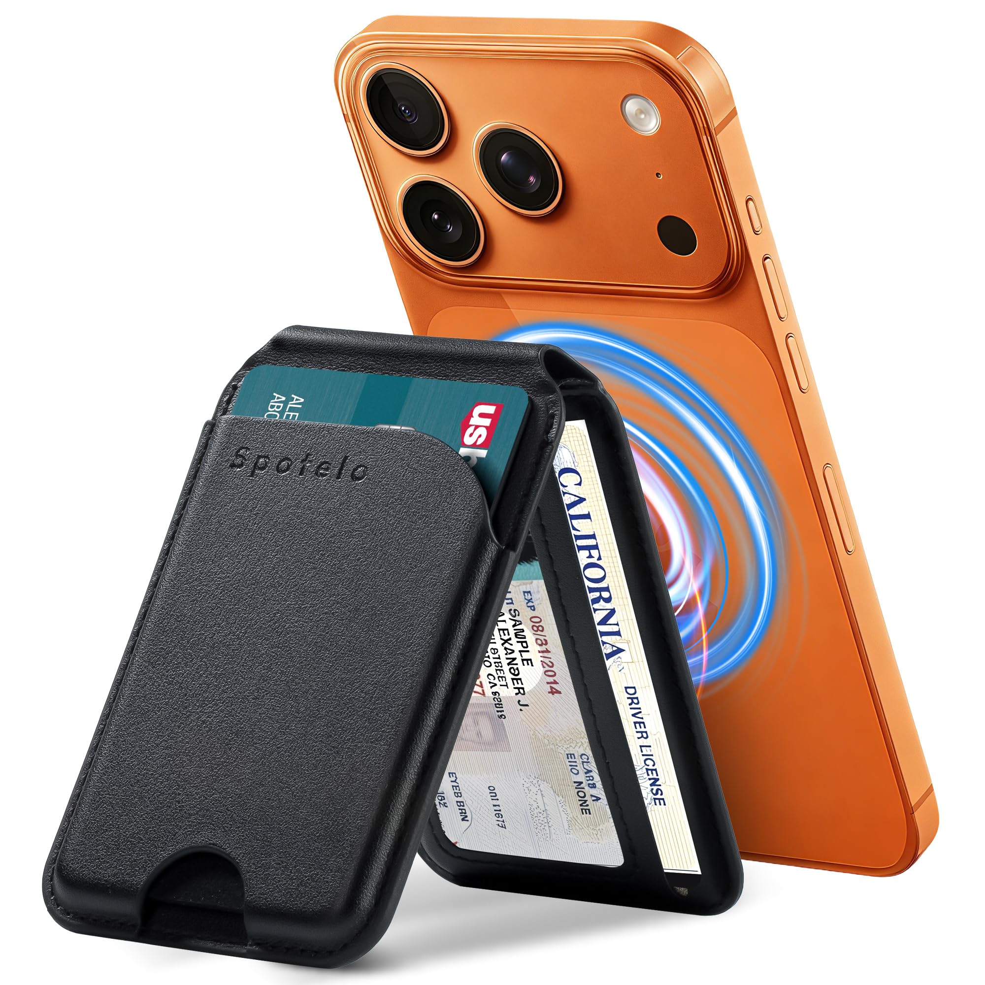 Spotelo for MagSafe Wallet with Stand, Adjustable Stand Magnetic Wallet for iPhone, RIFD Blocking Phone Credit Card Holder for iPhone 17/16/15/14/13/12 Series, Not for iPhone 13/12 Mini(Black)