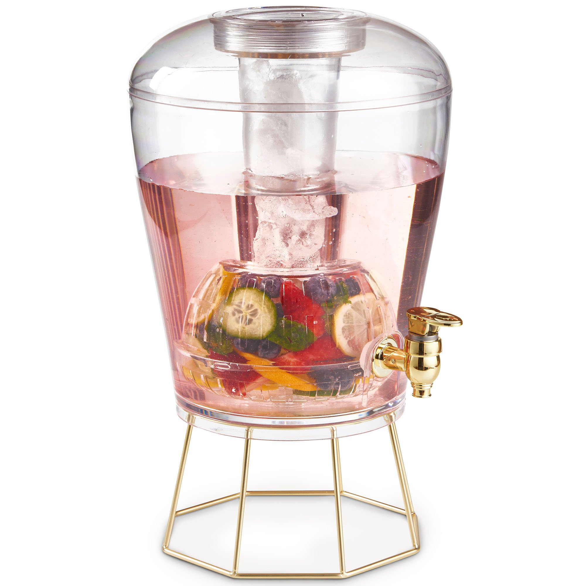 VonShef Drinks Dispenser 8L with Gold Tap, Gold Stand, Ice Core, Fruit